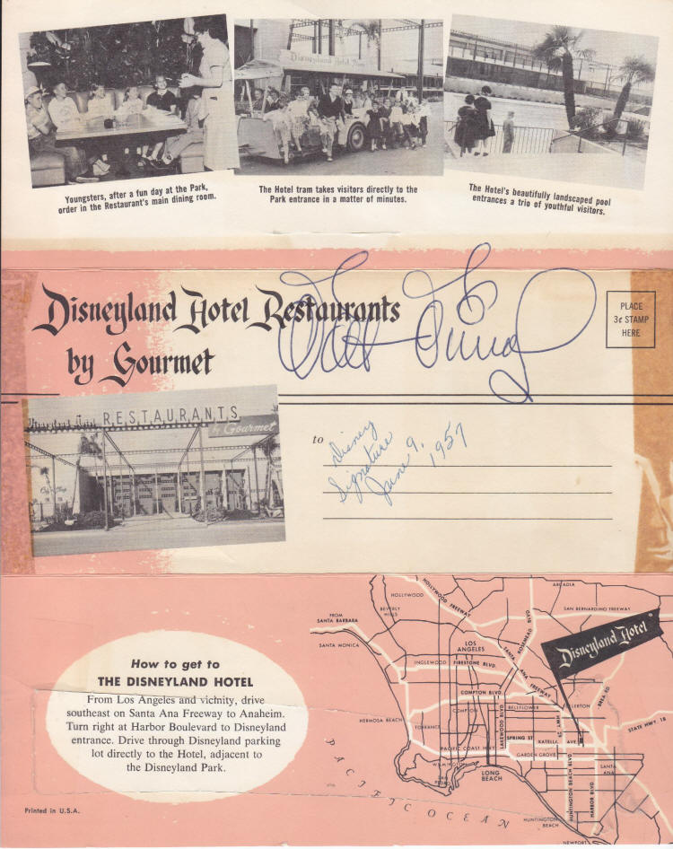 Walt Disney Signed Disneyland Hotel Menu